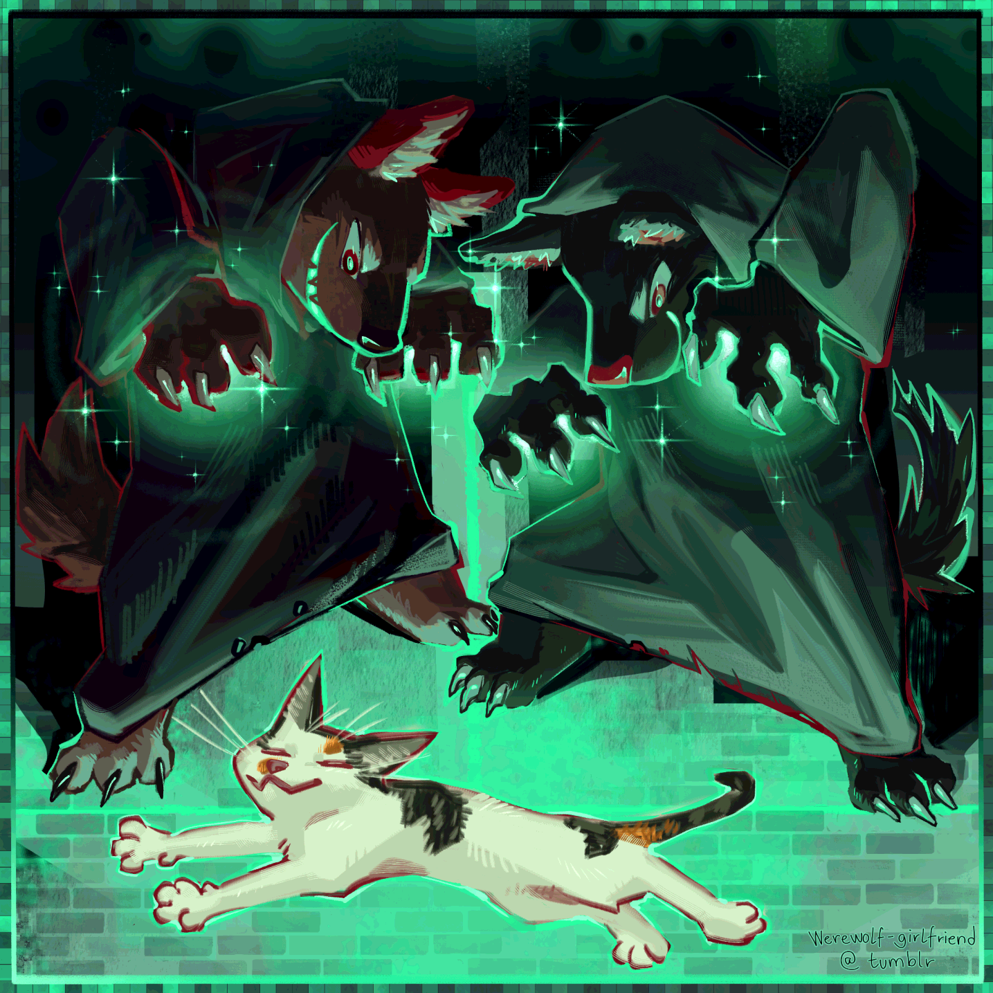 Digital painting of two robed fursonas, casting powerful spells on a completely unbothered calico cat laying by their feet.